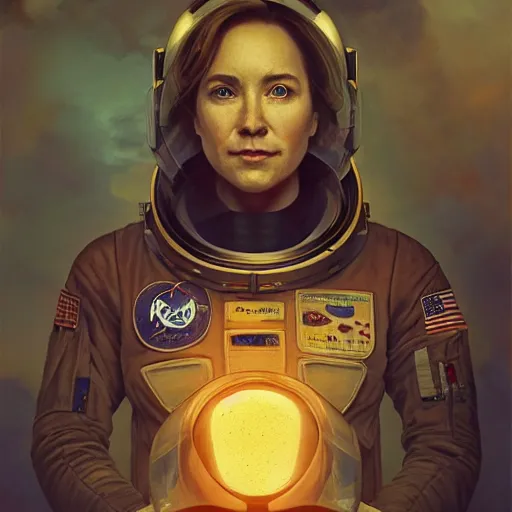 Image similar to female astronaut portrait, atmospheric lighting, painted, intricate, volumetric lighting, beautiful, rich deep colors masterpiece, golden hour, sharp focus, ultra detailed, by leesha hannigan, ross tran, thierry doizon, kai carpenter, ignacio fernandez rios