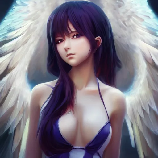 Image similar to an oil painting of a beautiful anime girl with angel wings, by artgerm, hd, hdr, ue 5, ue 6, unreal engine 5, cinematic 4 k wallpaper, 8 k, ultra detailed, high resolution, artstation, award winning