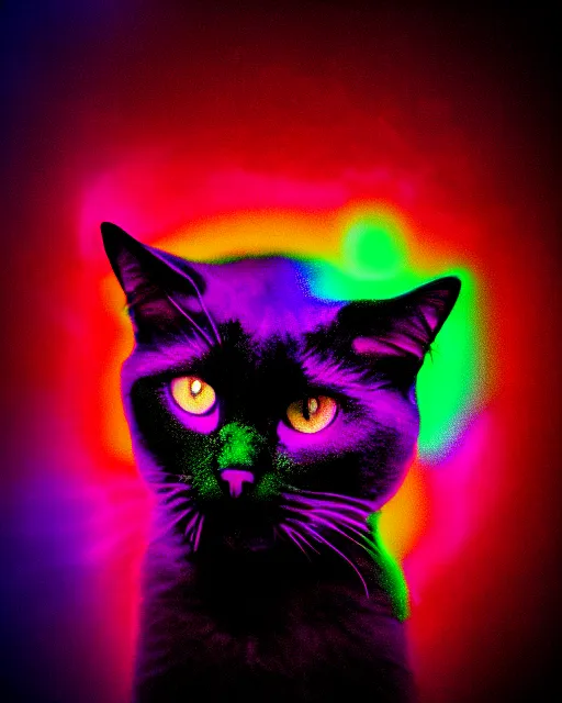 Image similar to glow, chromatic aberration, prismatic, black cat, cinematic, retro, vintage, cool, unique, interesting, original, vhs quality, adult swim