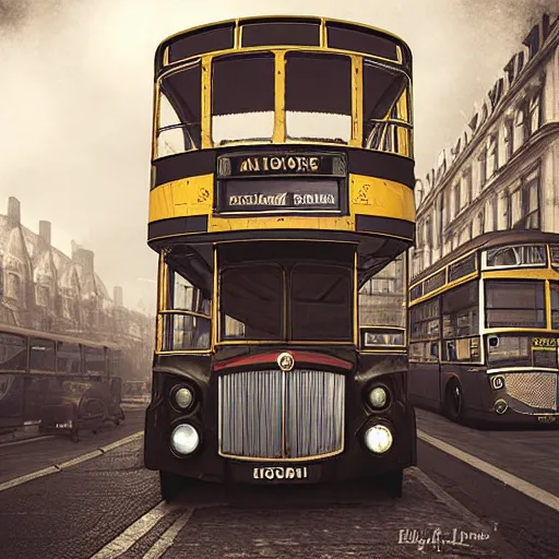 Image similar to A steampunk double decker bus with a giant billowing column ontop, steam powered, streetview of old London, by Enki Bilal, digital art, unreal engine, gothic style, - W 832