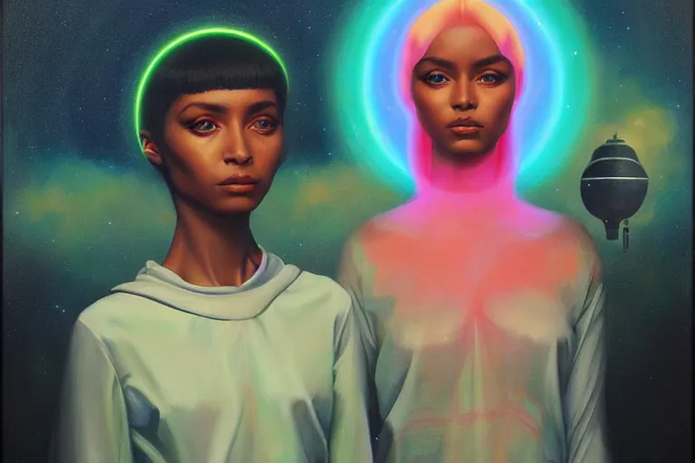 Image similar to patron saint of 🛸🌈👩🏾, futuristic clothing, neon god of city character portrait, in the style of margaret keane, moebius, tom bagshaw, and waterhouse, cinematic lighting, beautiful, elegant, oil painting,