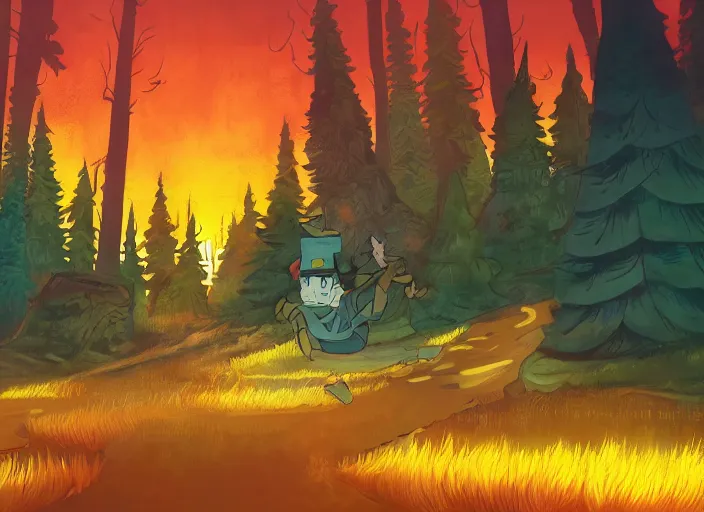 Image similar to gravity falls forest artwork, dramatic theming, mood lighting, unfortunate, hand painted cartoon art style, brutal, autumn, golden sunset, nostalgia, scenic, with text, 8k, award winning, wish you were here, mystical, beautiful, amazing