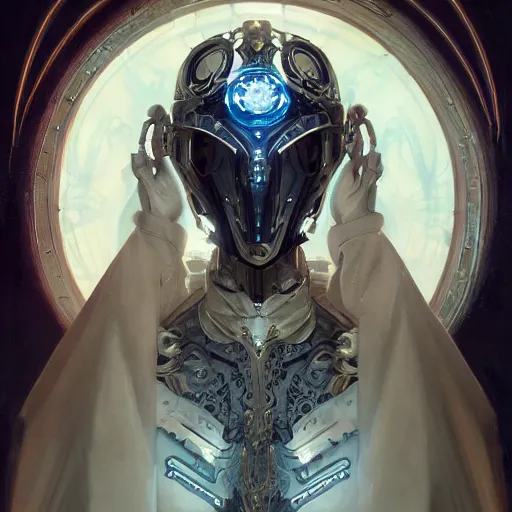 Image similar to a cyborg empress with mask, art nouveau ivory accessories, cyberpunk, darksynth, luxury, concept art by jama jurabaev, extremely detailed, ominous, ethereal, artstation, andree wallin, edvige faini, balaskas, alphonse mucha, symmetry