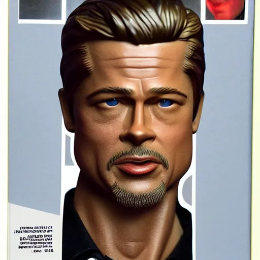 Prompt: action figure of brad pitt character in seven. advertising photograph, packaging, photographic, hyperreal, 3 5 mm