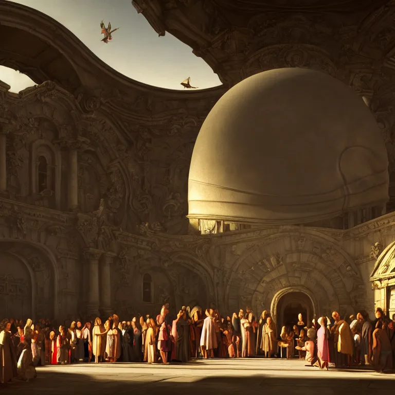 Image similar to crowd of medieval people surrounding UFO flying saucer, dream-like atmosphere, baroque landscape painting, perfect portrait composition, beautiful detailed intricate insanely detailed octane render trending on Artstation, 8K artistic photography, photorealistic, soft natural volumetric cinematic perfect light, chiaroscuro, award-winning photograph, masterpiece, Raphael, Caravaggio, Greg Rutkowski, Beeple