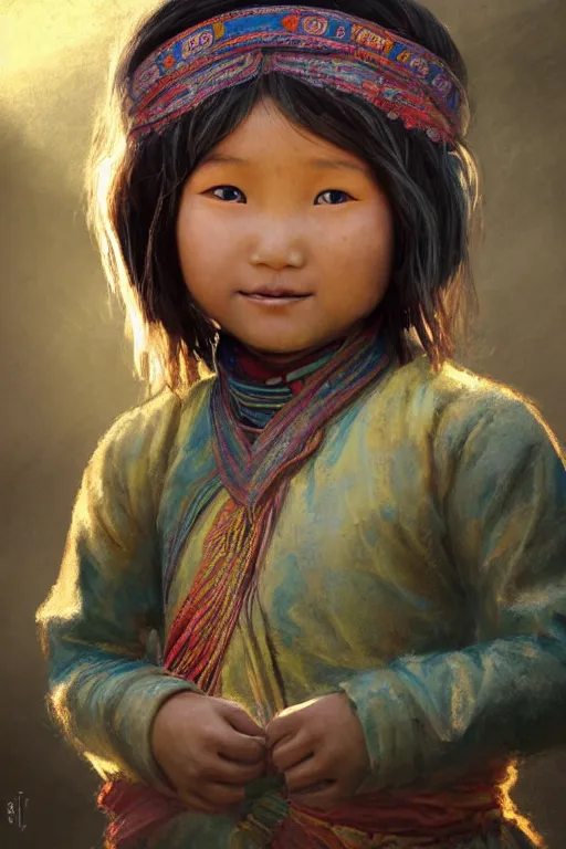 Image similar to Tibetan little girl, joyful, close-up portrait, intricate, elegant, volumetric lighting, scenery, digital painting, highly detailed, artstation, sharp focus, illustration, concept art, ruan jia, steve mccurry