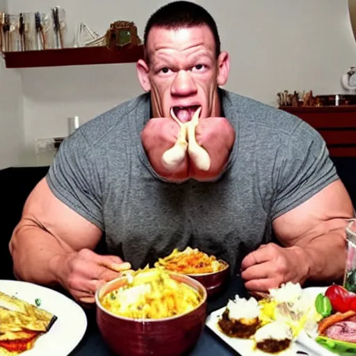 Image similar to obese john cena eating mukbang