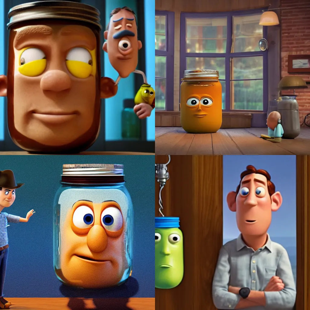 Prompt: A man standing inside of a mason jar while the face of a giant peers at him, Pixar.