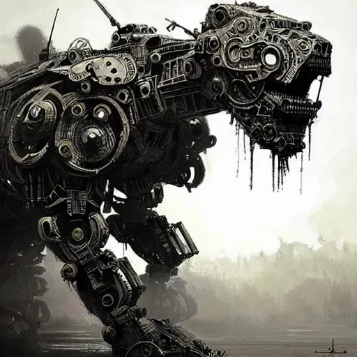 Prompt: four legged fierce mech, highly detailed, intricate design, dramatic lighting, sweden, art by jakub rozalski