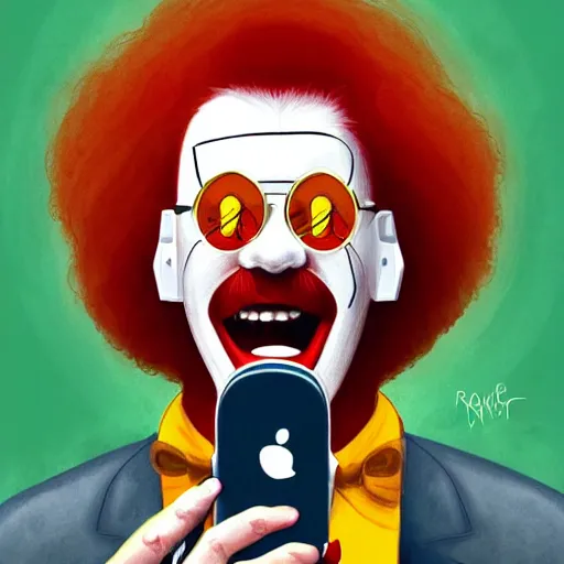 Prompt: a portrait of radio disk-jockey Ronald McDonald (Alex Jones) yelling at a phone, symmetrical facial features, intricate, elegant, highly detailed, digital painting, trending on Artstation, concept art, smooth, sharp focus, illustration, in the style of artgerm and greg rutkowski and alphonse mucha