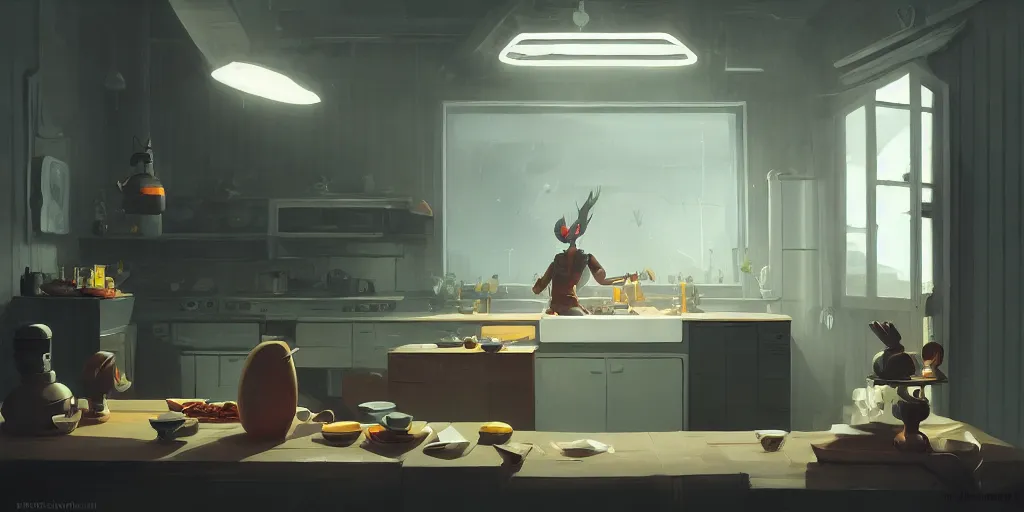 Image similar to minimalistic kitchen dim lit by a candle ripped physique simon stalenhag gerald brom bastien grivet by greg rutkowski, fisheye camera, extreme perspective