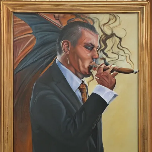 Image similar to oil painting of a dragon wearing a suit and smoking a cigar