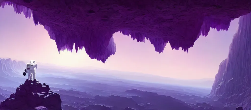 Image similar to one astronaut on purple [ [ [ crystal ] ] ] caves, amethyst, beautiful dynamic lighting, cinematic, wide angle establishing shot, extremely high detail, photo realistic, cinematic lighting, artstation, matte painting, style by frederic church, raphael lacoste, greg rutkowski, roger deakins