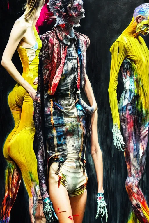 Image similar to crazy fashion catwalk, one model, crazy clothes, biopunk style, horror, hauntingly surreal, highly detailed painting by francis bacon, edward hopper, adrian ghenie, gerhard richter, and james jean soft light 4 k,