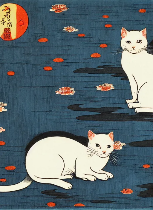 Image similar to whitecat with 2 baby white cats of utagawa hiroshige, digital painting 4 k uhd image, highly detailed