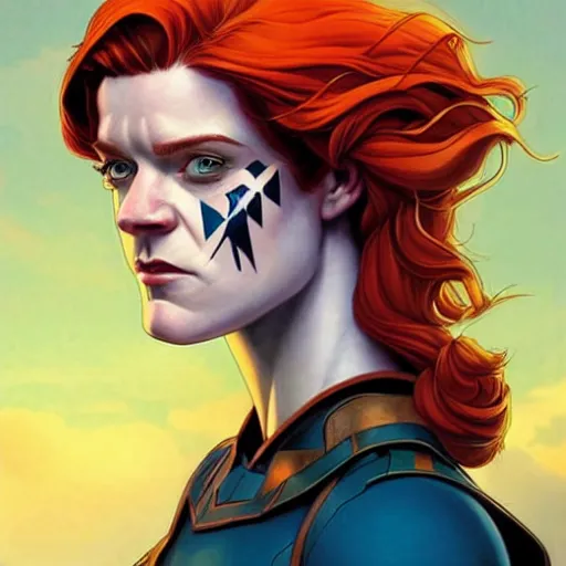 Image similar to Rafeal Albuquerque comic art, Joshua Middleton comic art, pretty female Rose Leslie, Scottish warrior, scots blue facepaint, big smirk, symmetrical face, symmetrical eyes, long red hair, full body, battlefield background:: sunny weather::