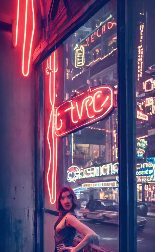 Prompt: vertical movie frame portrait of girl in 5 0's retro restaurant interior, neon - decorated urban on night in the city seen through the window, modern interior design, architectural design, vintage, night blade runner, dark, postapocalyptic, 4 k, octane, asian futuristic city at distance, big windows, octane, wide angle