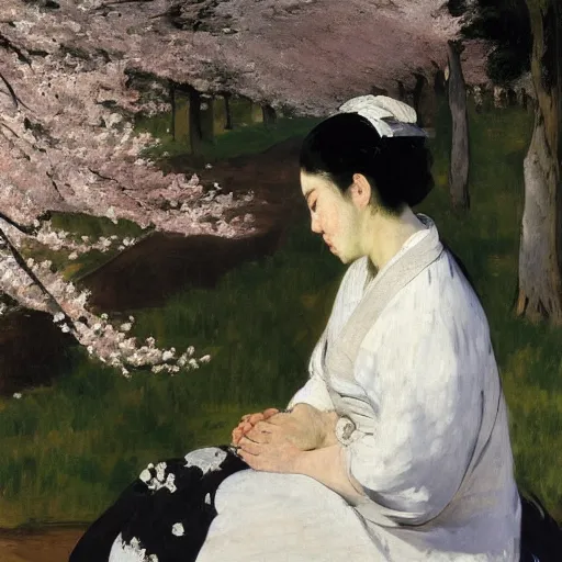 Prompt: a crying woman in a white gown kneeling at a beautiful shrine under a cherry blossom tree, rainy wet, ultradetailed, hd 8 k, oil on canvas, manet, detailed brushstrokes