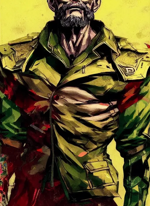 Image similar to Full body portrait of an old muscular man with blonde hair and beard red, green and gold jacket. In style of Yoji Shinkawa and Hyung-tae Kim, trending on ArtStation, dark fantasy, great composition, concept art, highly detailed.