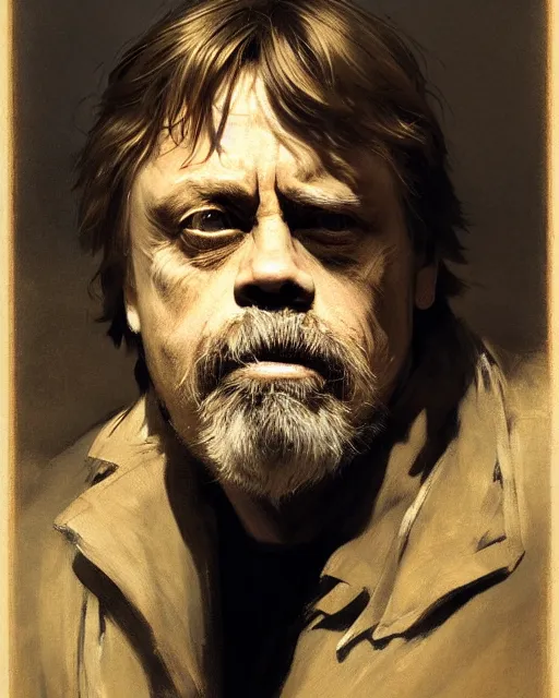 Image similar to mark hamill as a grizzled emanciated drunk poet. fantasy science fiction art by greg rutkowski, gustave courbet, rosa bonheur, edward hopper. faithfully depicted facial expression, perfect anatomy, sharp focus, global illumination, radiant light, detailed and intricate environment, trending on artstation