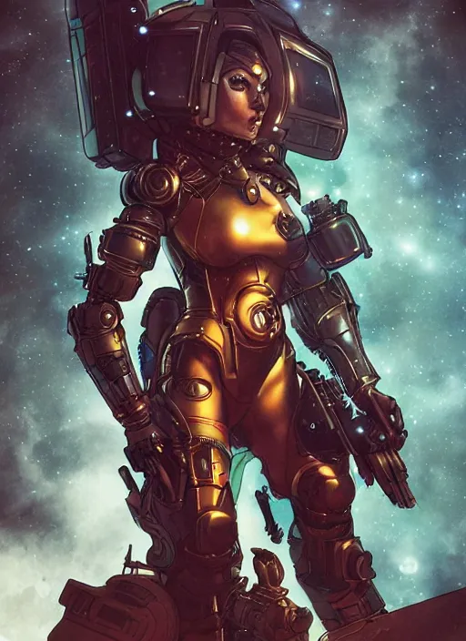 Prompt: hyper realistic space paladin techno crusader girl, metabaron, full body, rule of thirds, human proportion, good anatomy, beautiful face, saturated colors, juan gimenez, redshift, octane