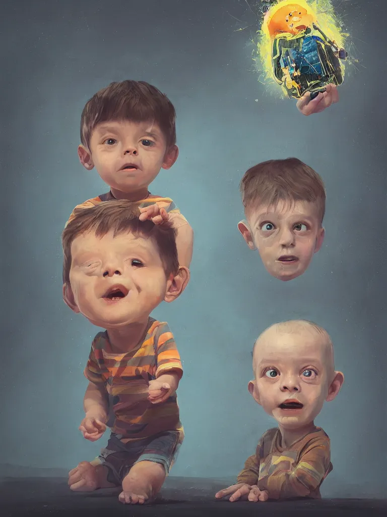 Prompt: a contemporary painting of a portrait of a cute little boy whose head bursts up and the brain comes out in a painting from stalenhag 4 k 8 k hdr black background