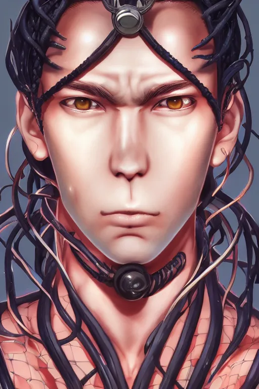 Prompt: portrait of an anime manga guy with snake dreads, straight on, by artgerm, james jean, tom bagshaw, gerald brom, vaporwave colors, lofi colors, vaporwave, lofi, goth vibe, 4 k, smooth, hd, substance designer render, full body character concept art, symmetrical, 2 point lighting,