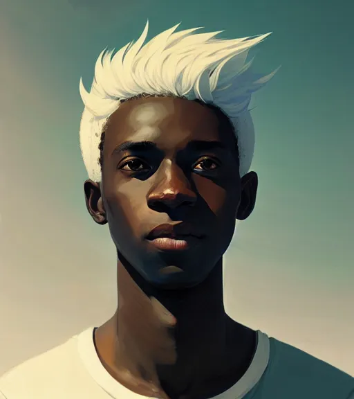 Image similar to portrait of a young man, raised on the island, dark skin, white hair, face tatooes by atey ghailan, by greg rutkowski, by greg tocchini, by james gilleard, by joe fenton, by kaethe butcher, dynamic lighting, gradient light blue, brown, blonde cream and white color scheme, grunge aesthetic