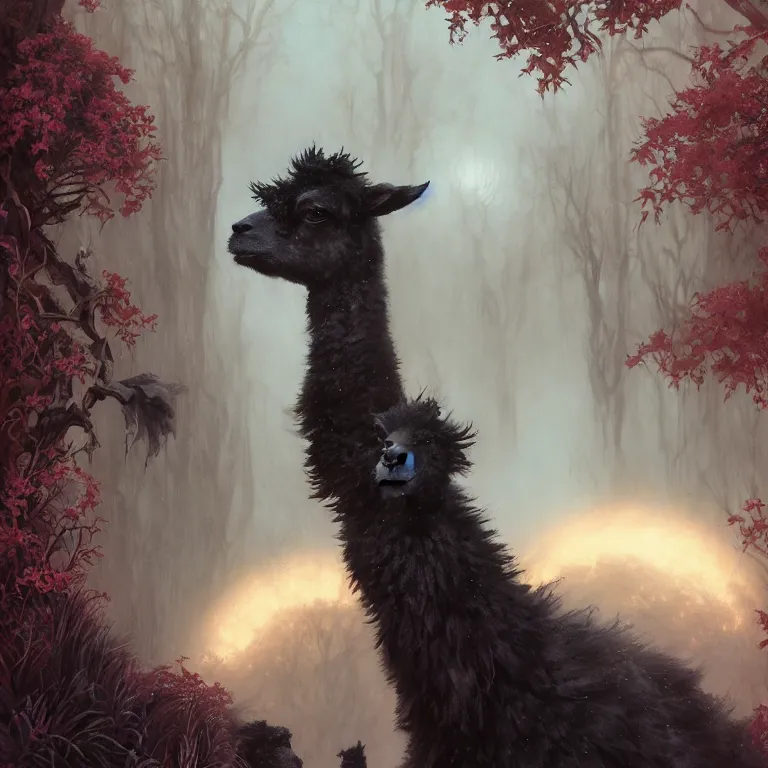 Image similar to highly detailed portrait of goth alpacas, eyeshadow, goth makeup, piercings, unreal engine, dark fantasy art by greg rutkowski, loish, rhads, ferdinand knab, makoto shinkai and lois van baarle, ilya kuvshinov, rossdraws, tom bagshaw, alphonse mucha, global illumination, radiant light, detailed and intricate environment