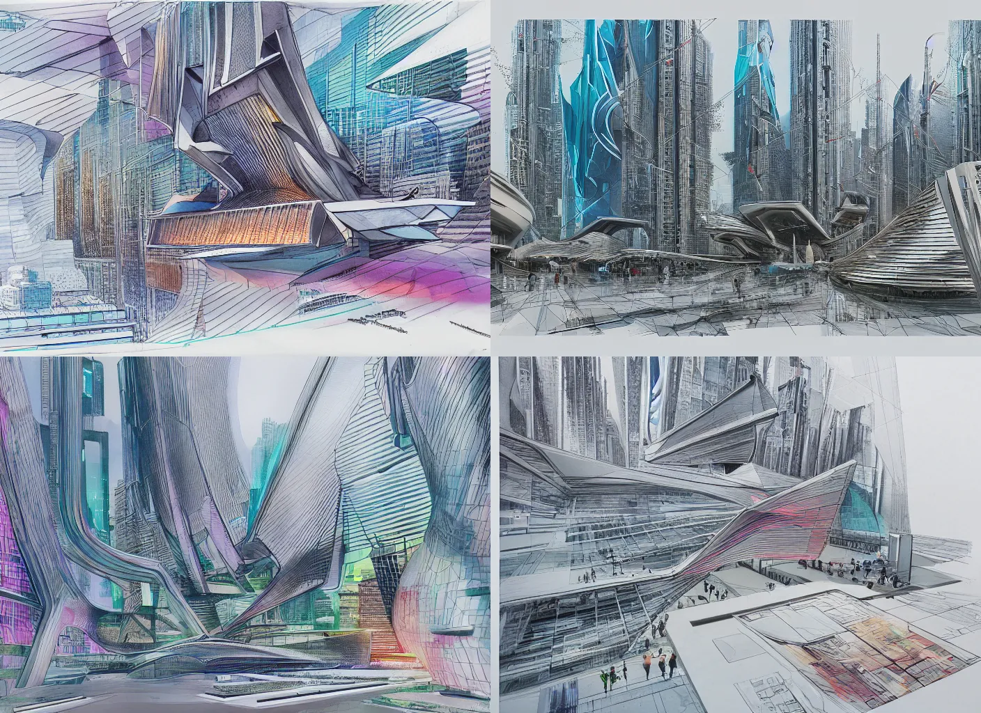 Prompt: architectural sketching of cyberpunk, by norman foster + zaha hadid, extremely detailed, architecture drawing, drawing, line drawing, chartpak ad markers, pastel color, vivid color scheme