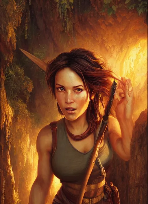 Image similar to seasoned adventurer Lara Croft, golden hour, Lilia Alvarado, Sophie Anderson, Mark Arian, Bob Byerley, Charlie Bowater, Mark Brooks, Steve Henderson, Justin Gerard, Arthur Hughes, Edward Robert Hughes, Mark Keathley, Victor Nizovtsev, Carlos Shwabe, Ross Tran, WLOP