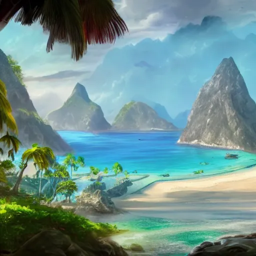 Prompt: a tropical archipelago of three large islands surrounded by a ring of other islands and mountains, fantasy art, cinematic volume lighting, 4k, illustration, epic scene, trending on artstation, art by Sebastian Luca