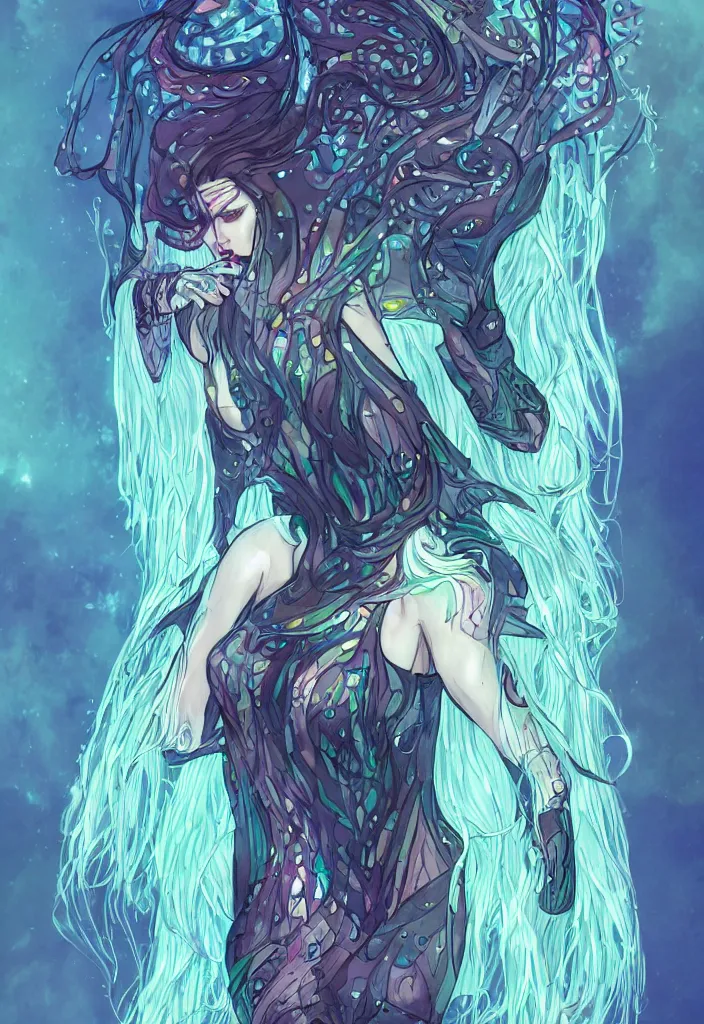 Prompt: eldritch spirit wearing stained glass bodysuit, clear sky background, hyperrealistic cell shading ambient occlusion, luminous, concept character art, long hair, pastel pallette, detailed eyes, facial expressions, emotional