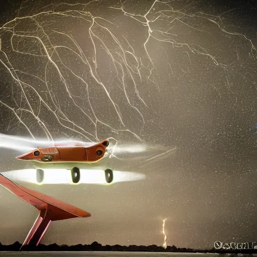 Image similar to futuristic flying car emerging from a circle of lightning in the sky, thunderstorm at night, 28mm dramatic photo