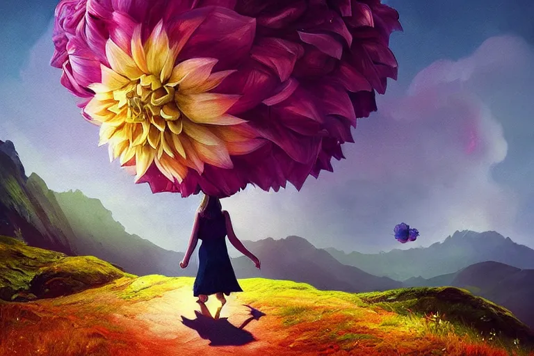 Image similar to giant dahlia flower over head, girl walking on mountain, surreal photography, stars, dramatic light, impressionist painting, storm clouds, digital painting, artstation, simon stalenhag