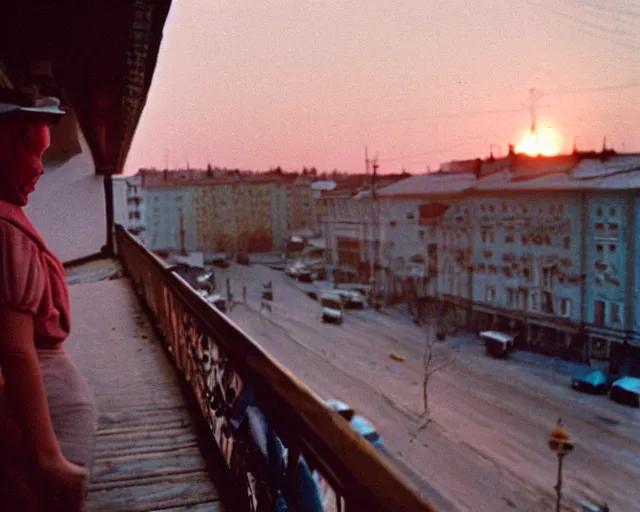 Image similar to lomo photo of pair standing on small hrushevka balcony full with cigarette smoke in small russian town looking at sunset, cinestill, bokeh
