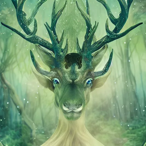 Prompt: beautiful elven celestial stag. beautiful highly detailed forest background. green and blue light. accurate, sci - fi concept art, intricate, elegant, long shot 8 k rendering.