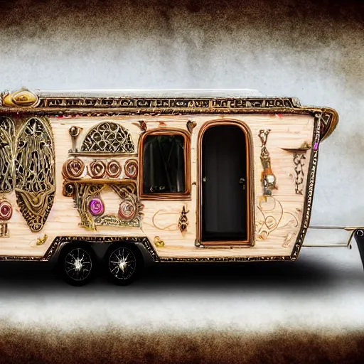 Prompt: a futuristic neo - gypsy caravan, decorated polished wood, lace and velvet and silk material, volume light, hyper realistic highly detailed 4 k