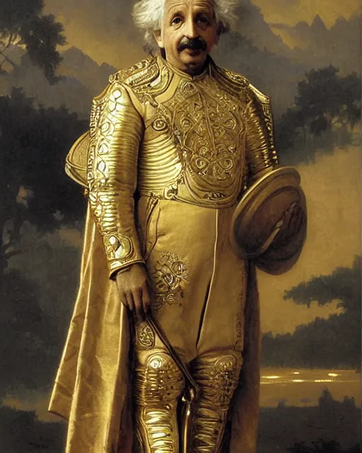 Image similar to brilliant albert einstein, dressed in ornate, detailed, intricate golden armor, surrounded by mathematical equations, detailed oil painting by william adolphe bouguereau