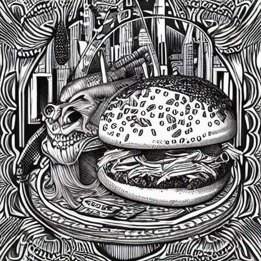 Image similar to pulled pork sandwich, artwork of joe fenton