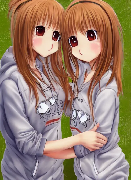 Image similar to highly detailed portrait of one blonde and one brown haired anime girl in onesies hugging each other looking at us, detailed eyes, happy, excited, digital art, cute, anime, detailed faces, well drawn faces, cute faces, hand drawn, 8 k, trending on artstation, official media