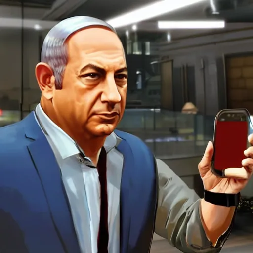 Image similar to GTA V loading screen depicting Benjamin Netanyahu holding a phone and doing a peace sign, hot babes in the background, highly detailed