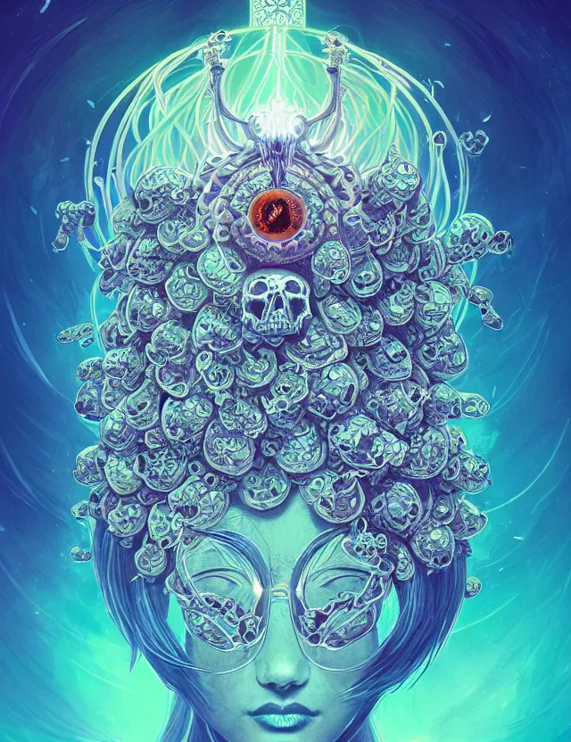 Image similar to symmetrical, centered, goddess close-up portrait wigh crown made of skulls. phoenix betta fish, phoenix, bioluminiscent creature, super intricate ornaments artwork by Tooth Wu and wlop and alena aenami and greg rutkowski