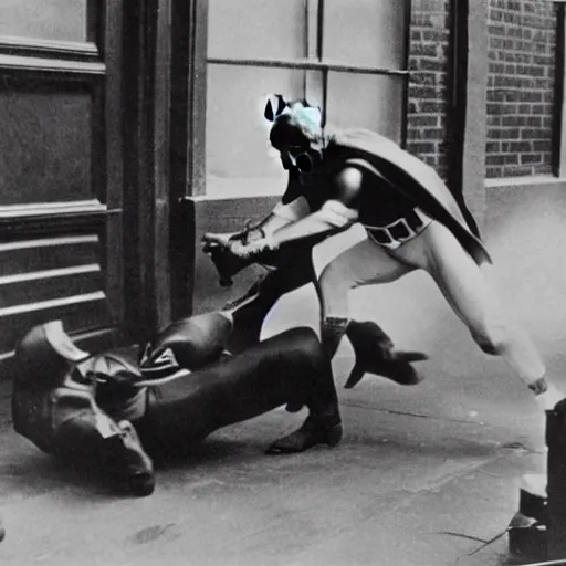 Image similar to old black and white photo, 1 9 2 5, depicting batman fighting a man in vintage suit in an ally of new york city, rule of thirds, historical record