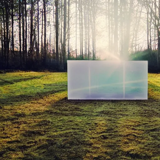 Image similar to a pastel coloured Polaroid photo of a minimalist sunbed made of transparent iridescent perspex stood in a field, beams of light, nostalgic