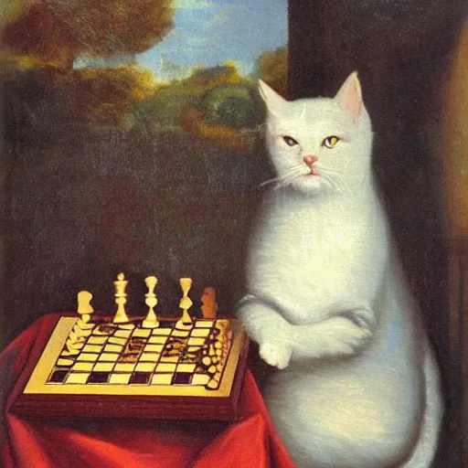 Image similar to cat playing chess looking wise, rococo oil painting