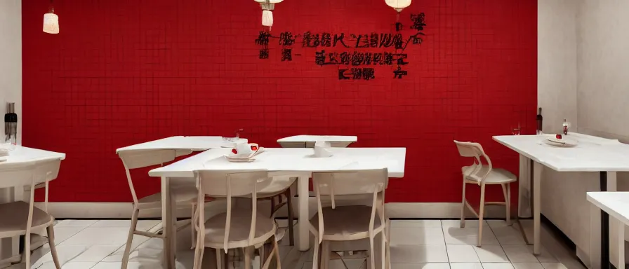 Image similar to a beautiful simple interior render of small roasted string hotpot restaurant restaurant yan'an, wall corner, from china, red paper wall and white tile floor, rectangle white porcelain table, fine simple delicate structure, chinese style, simple composition, simple style structure decoration design, victo ngai, 4 k hd