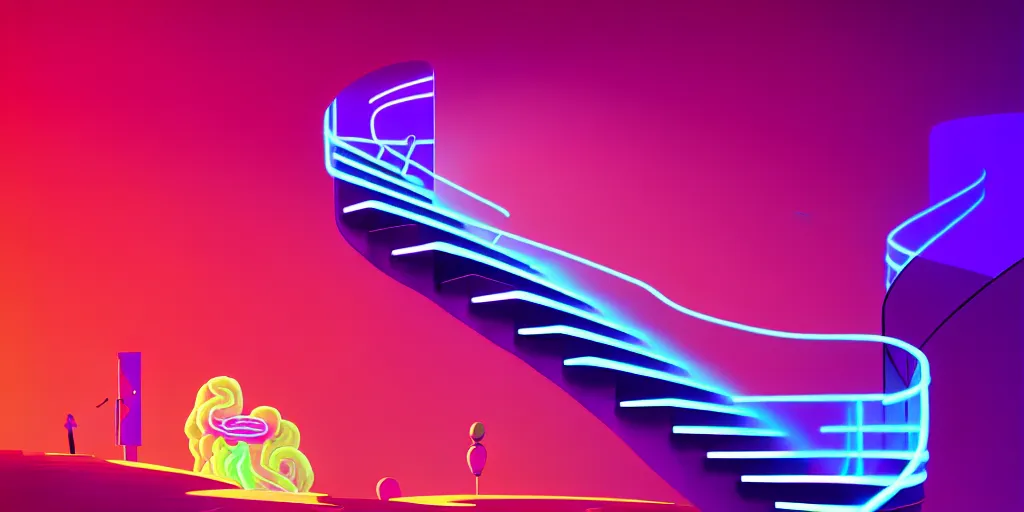 Image similar to spiral lines, minimalistic, extreme wide angle, curved perspective, digital art, subsurface scattering, indoor casino staircase, by anton fadeev, lorax movie, cotton candy smoke, artstation, neon lights