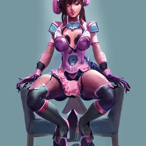 Image similar to Portrait of D.Va wearing gloves, sitting on a chair, intricate upper body, whole body, highly detailed, digital painting, artstation, concept art, smooth, sharp focus, illustration, art by Hajime Sorayama