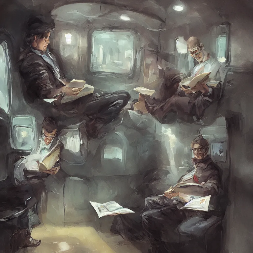 Image similar to a painting of a lone man reading a magical book while sitting in a subway car, by rutkowski and artgerm, highly detailed, trending on artstation, movie concept art, cinematic lighting